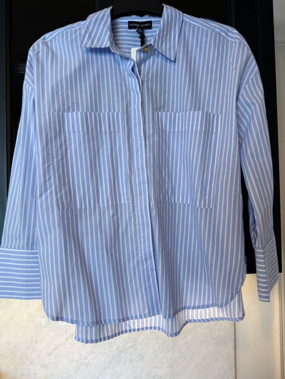 Modern Women’s Blue White Striped Coastal Button-Up Shirt Size Small Minimalist